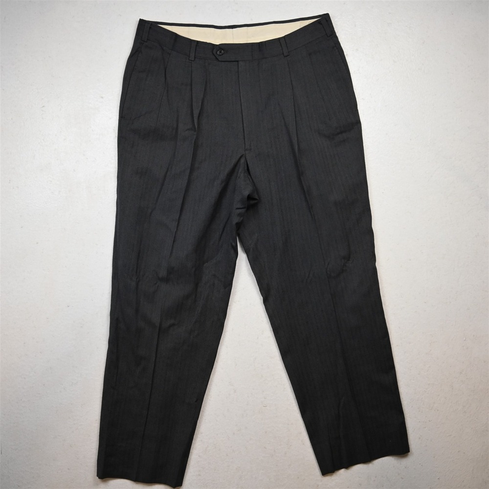 Vtg Bespoke 34x30 Gray Herringbone Wool High Waist Pleated Dress Mens Pants